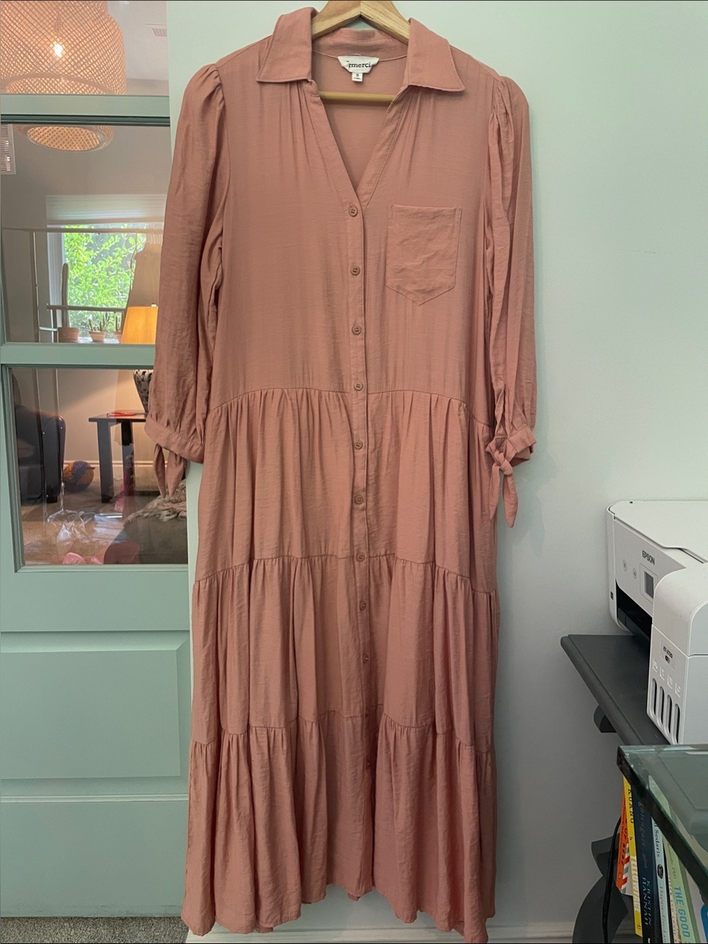 &merci Dusty Rose Button-Front Tiered Midi Dress